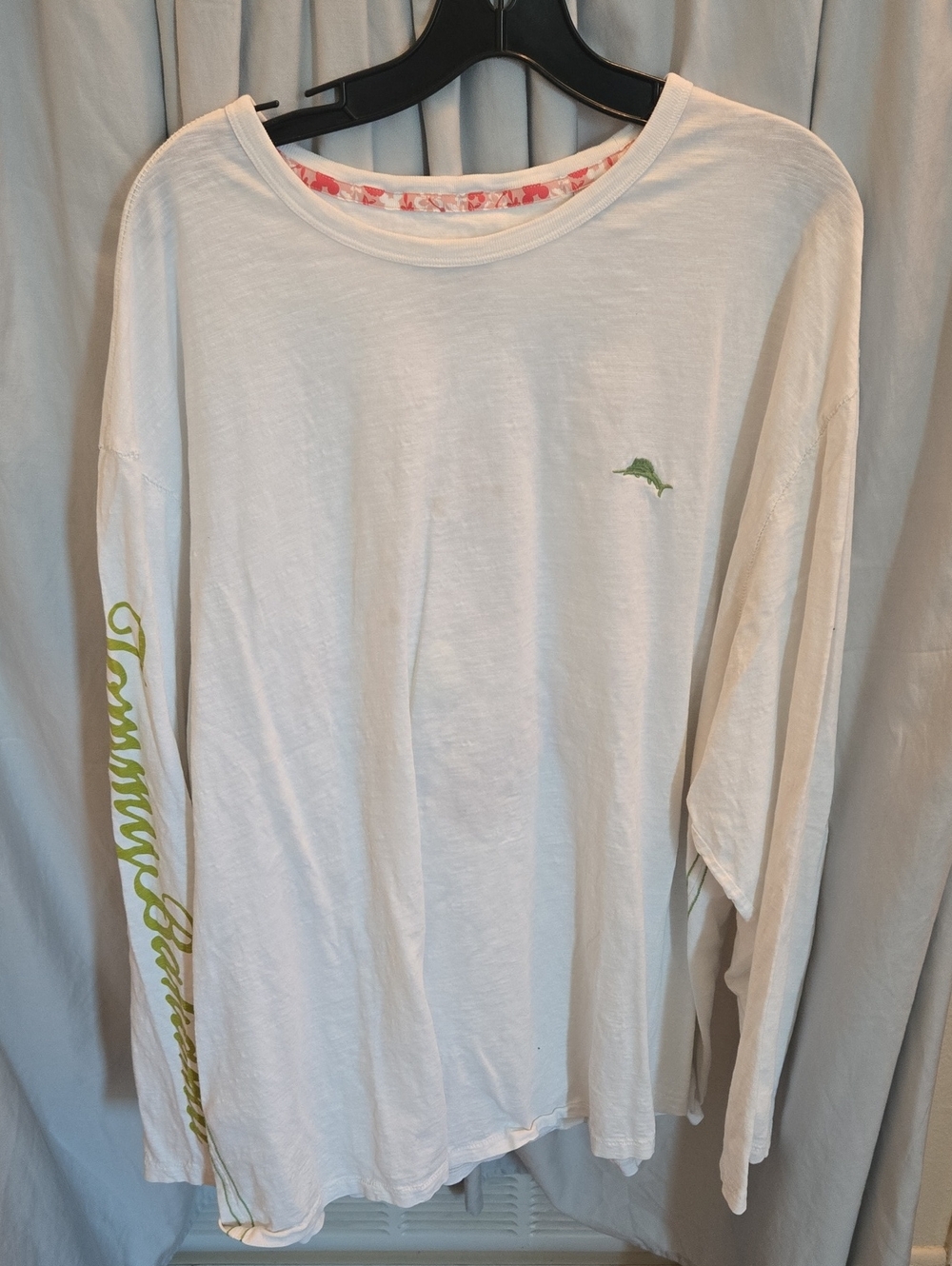 Tommy Bahama/Disney White Long Sleeve Tee with Lime Green Logo and Sleeve Script